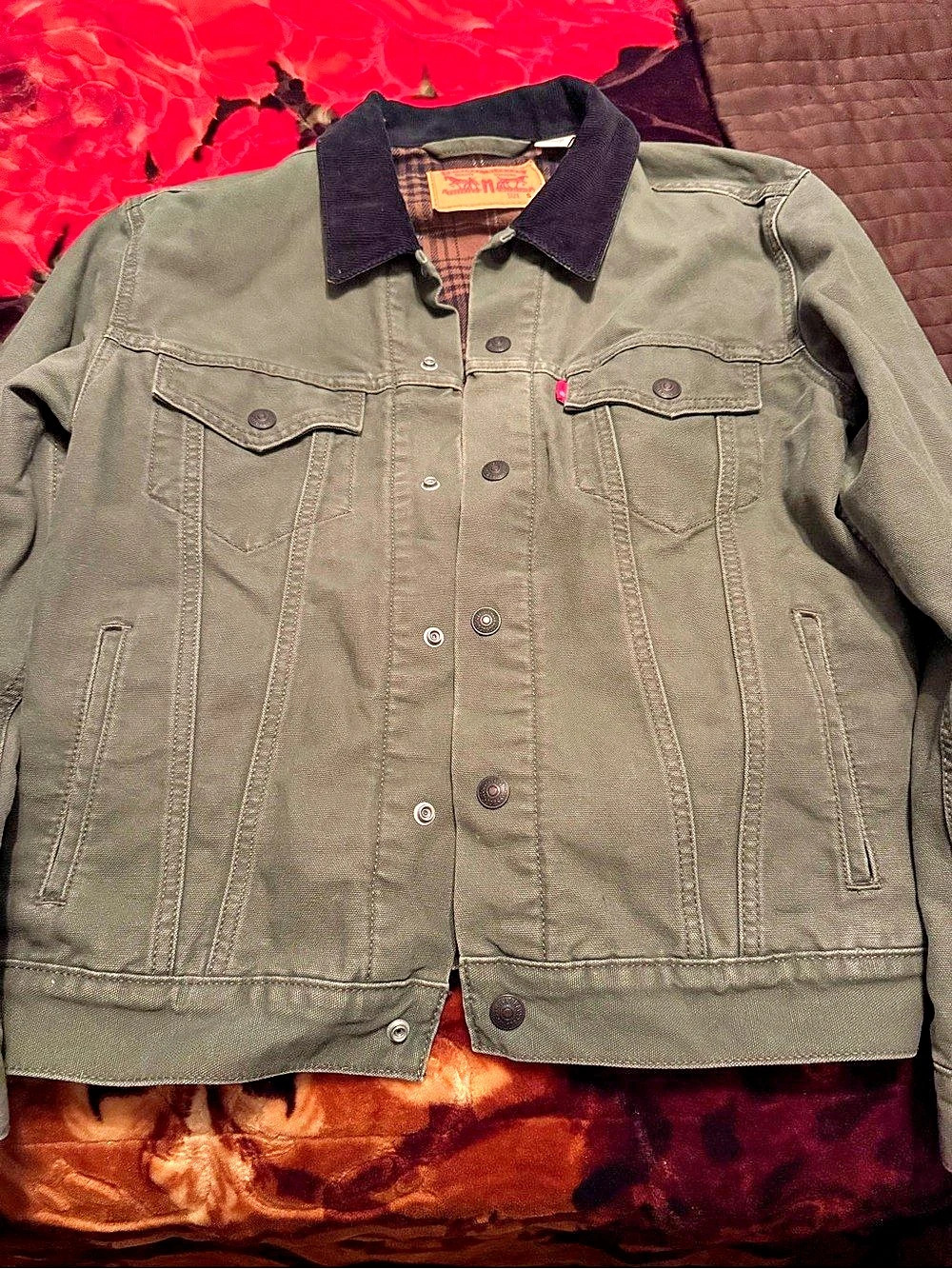 Levi's Canvas Utility Trucker Jacket Plaid Lined Olive Green